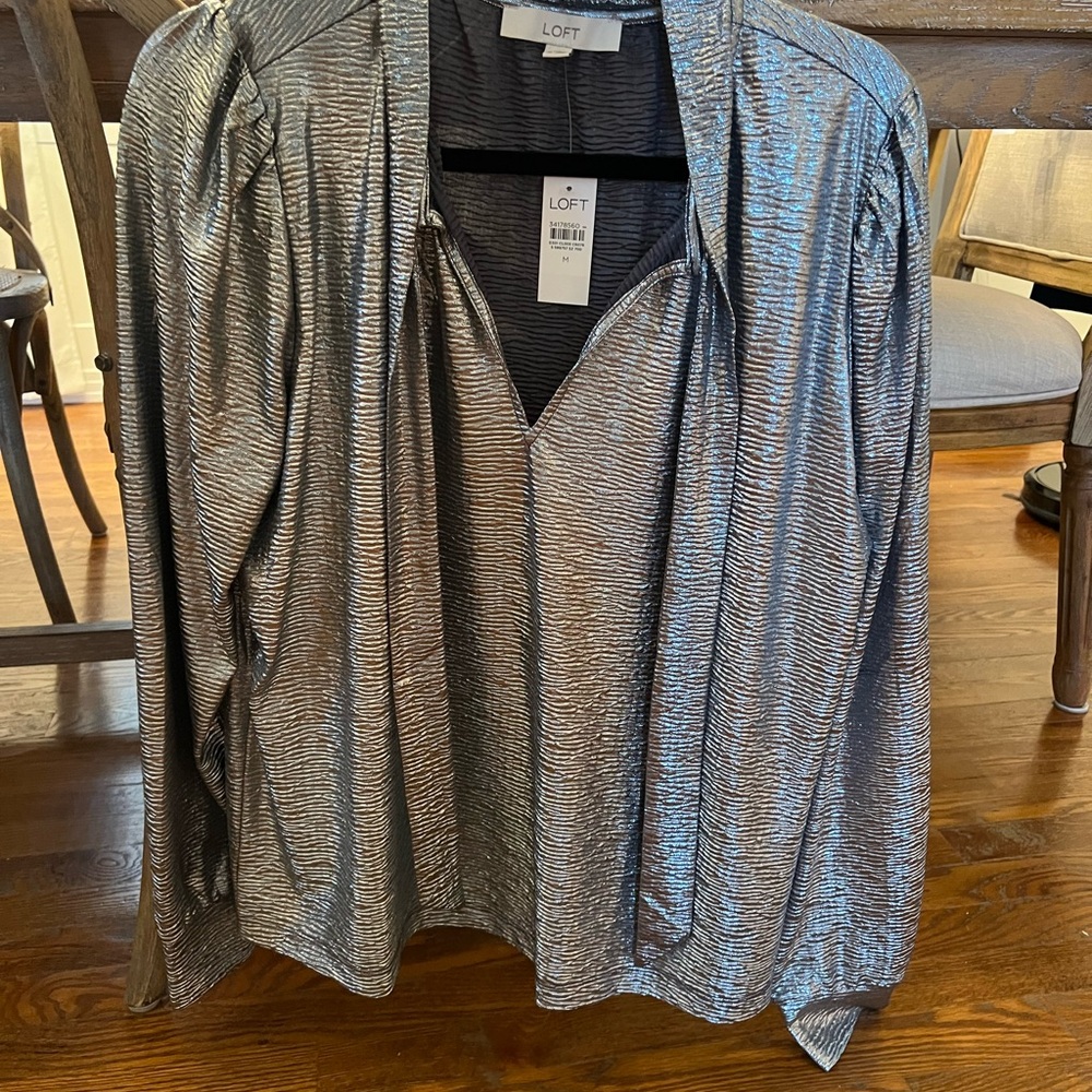 LOFT Shiny Silver Long Sleeve Top